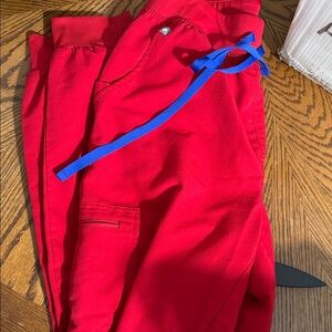 Figs Winning Red w Blue Drawstring Scrub Bottoms